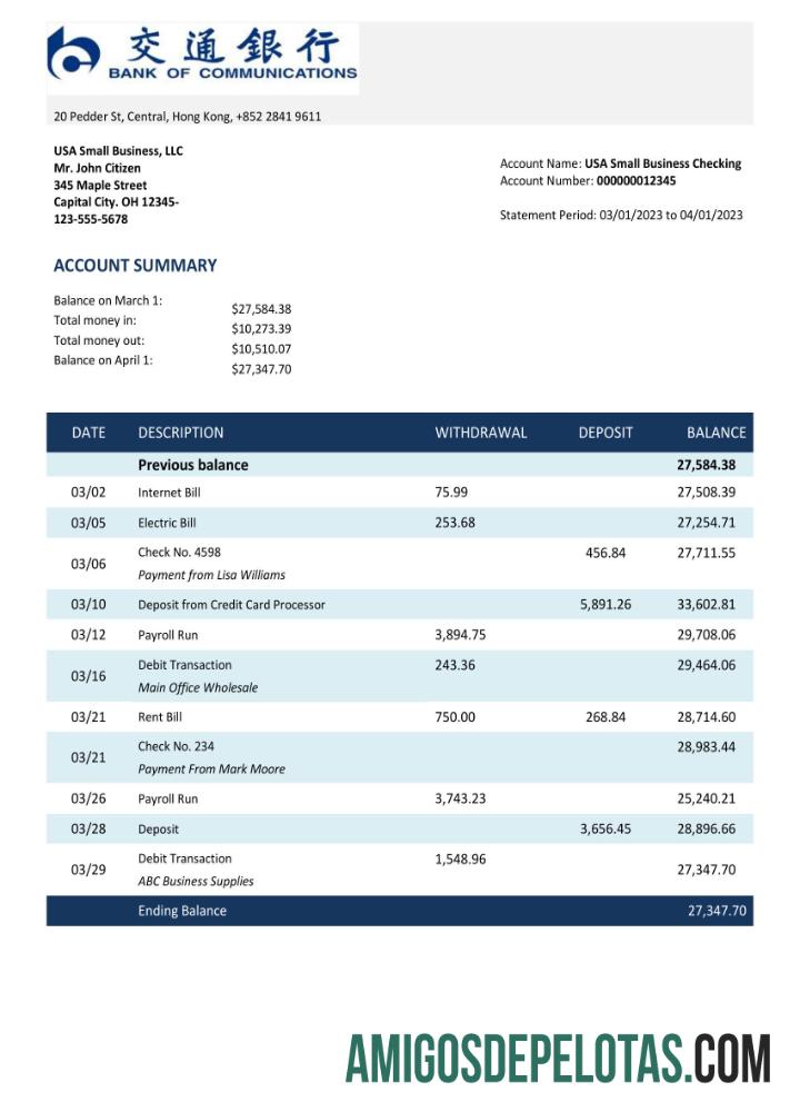 Imprimível BANK Of Communications Bank Enterprise modelo de extrato de conta Word e PDF